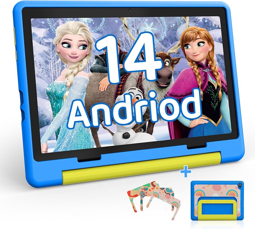 Vaikiškas planšetinis kompiuteris Android 16, 10 colių, 24 GB + 64 GB su tėvų kontrolės funkcija ir apsauginiu dėklu
