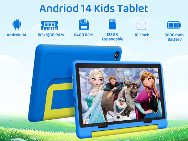 Vaikiškas planšetinis kompiuteris Android 16, 10 colių, 24 GB + 64 GB su tėvų kontrolės funkcija ir apsauginiu dėklu